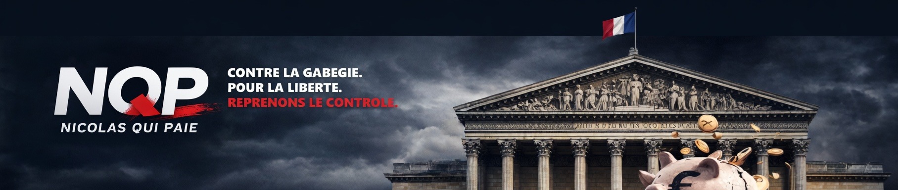 Banniere NQP avec Assemblee nationale, drapeau francais et tirelire en euro.